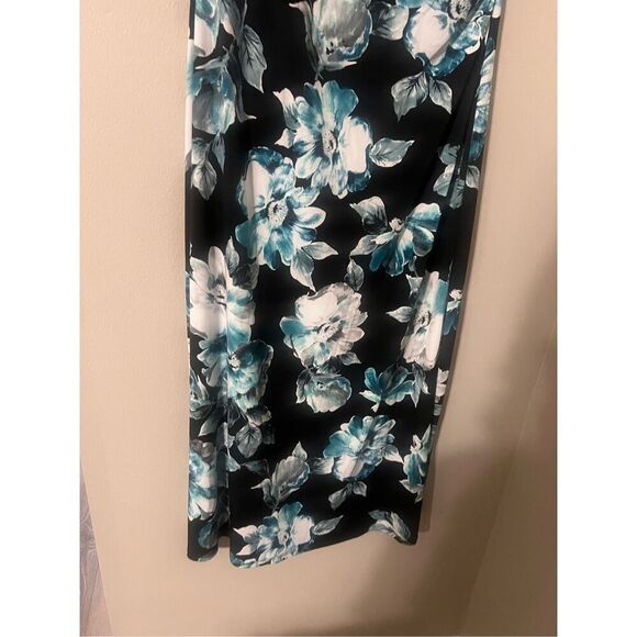 Connected Apparel 12 Ruffle Chest Floral Midi Dress Black Blue Wedding Guest NWT - Picture 7 of 15